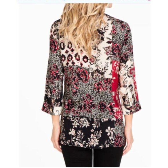 Multiples Womens Patchwork Button-Up Blouse tunic size 1X plus Floral Red Black - Picture 5 of 12